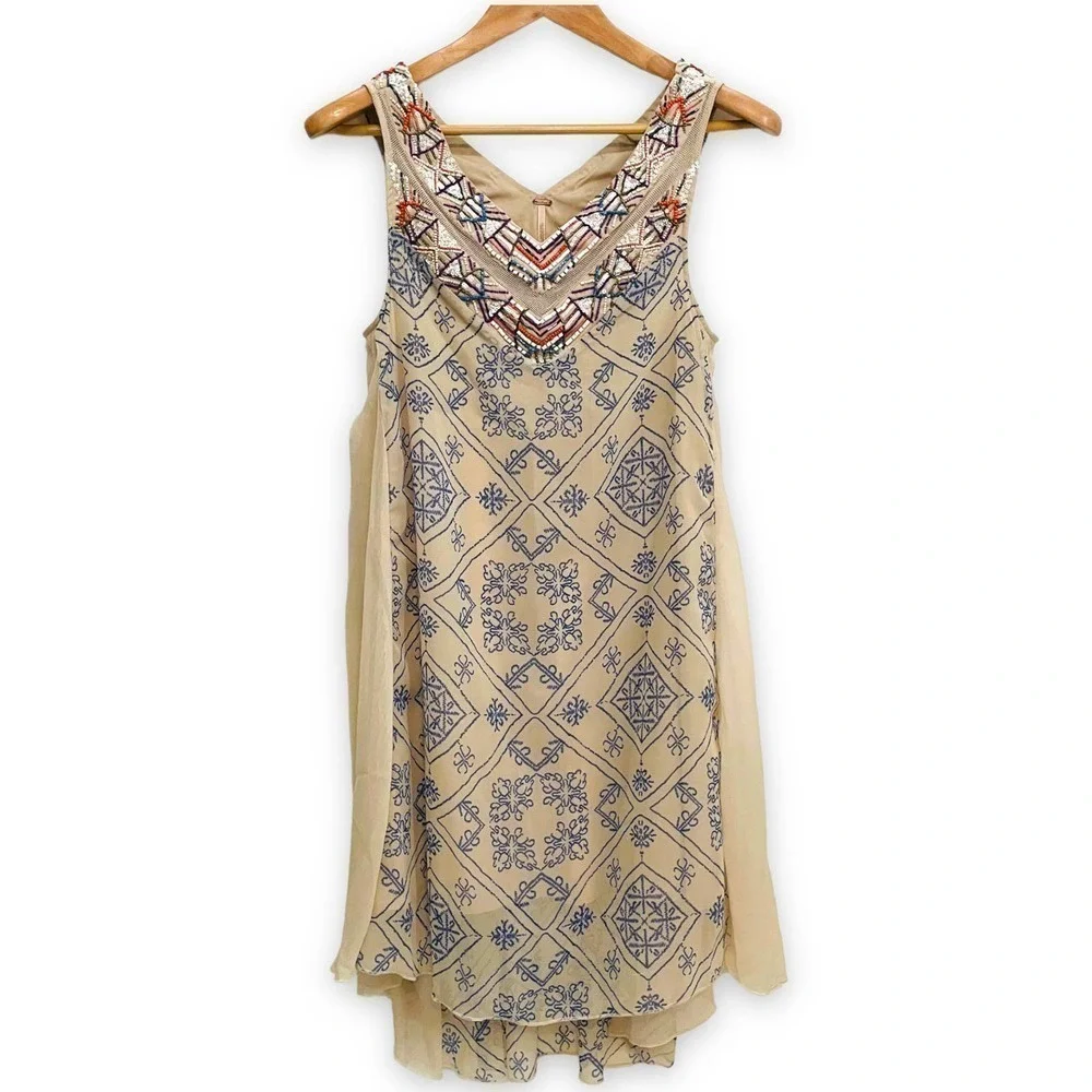 𝅺free People Women's Ancient Mystery Beaded Chiffon Shift Dress Size Small